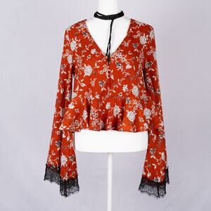 Womens Size SMALL Floral Boho Festival Crop Top Lacey Bell Sleeves Fairy Cottage